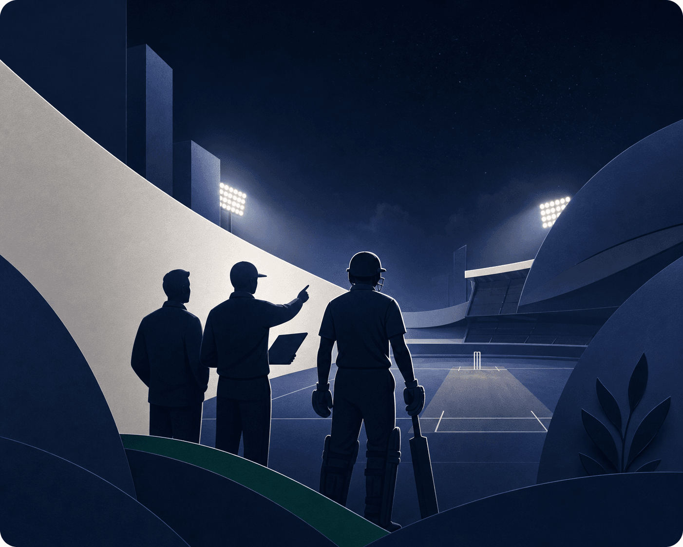 Cricket player and organisers looking across a floodlit cricket ground