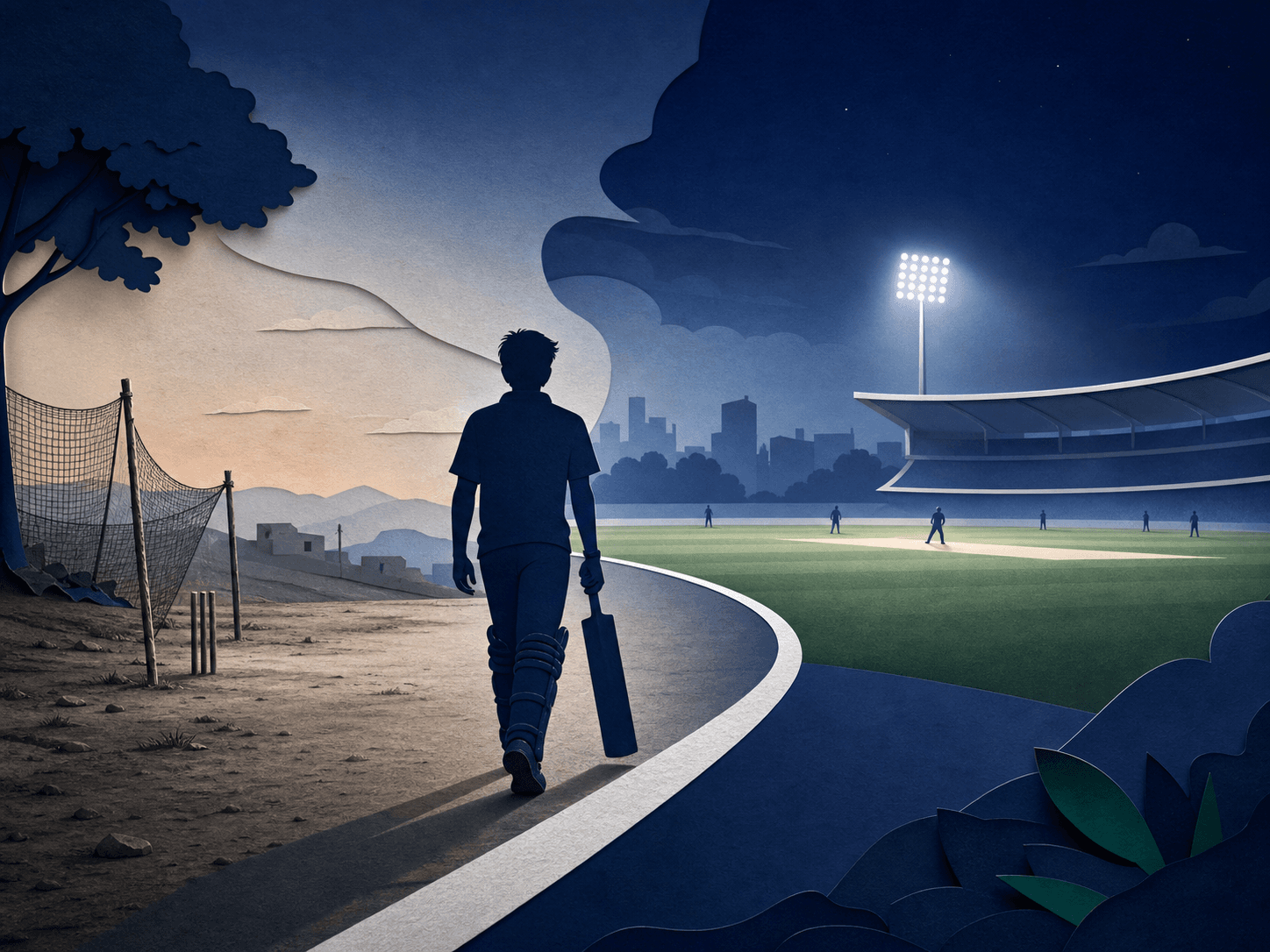 A young cricketer walking from a local practice ground towards a floodlit cricket stadium